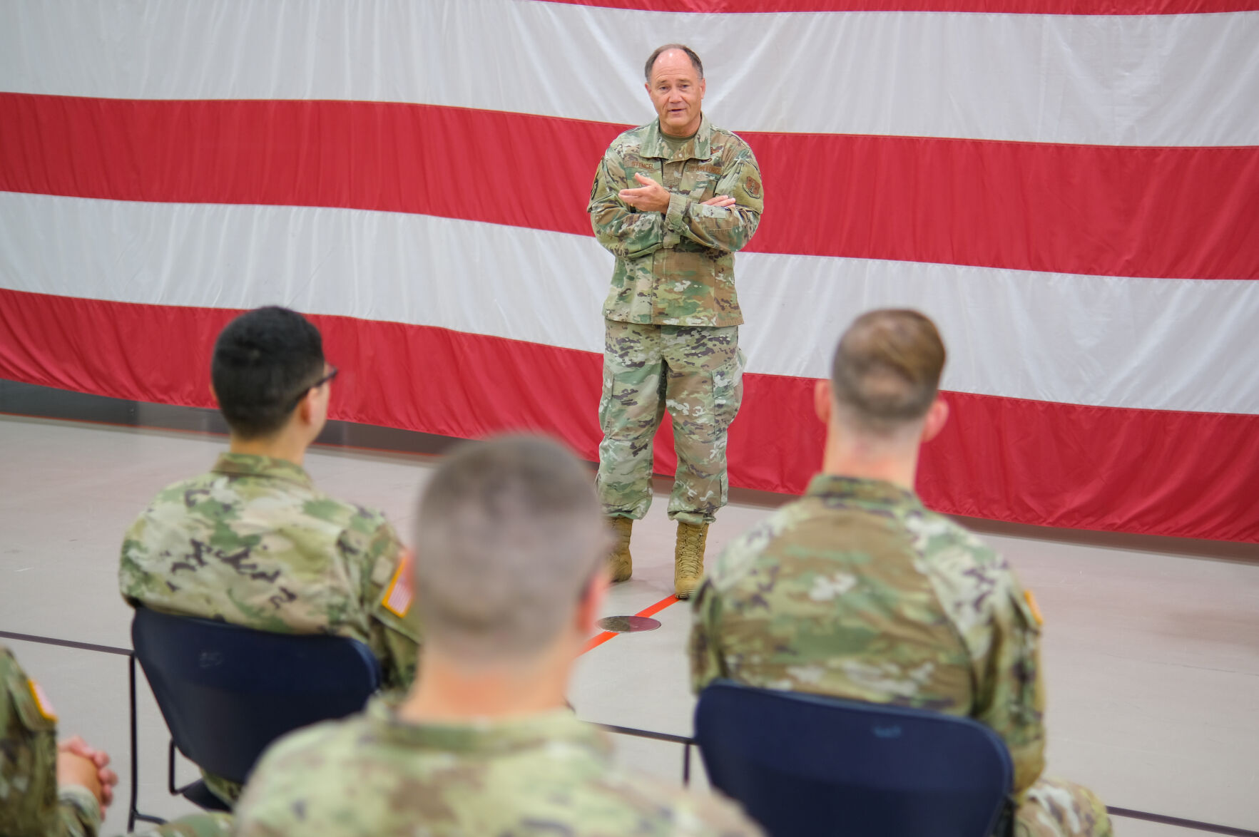 Oregon National Guard Adjustant General Maj. Gen. Michael E. Stencel addresses guardsmen completing Oregon State Hospital assignment, photo at Anderson Readiness Center in Salem, Ore. 6.30.2022.jpg